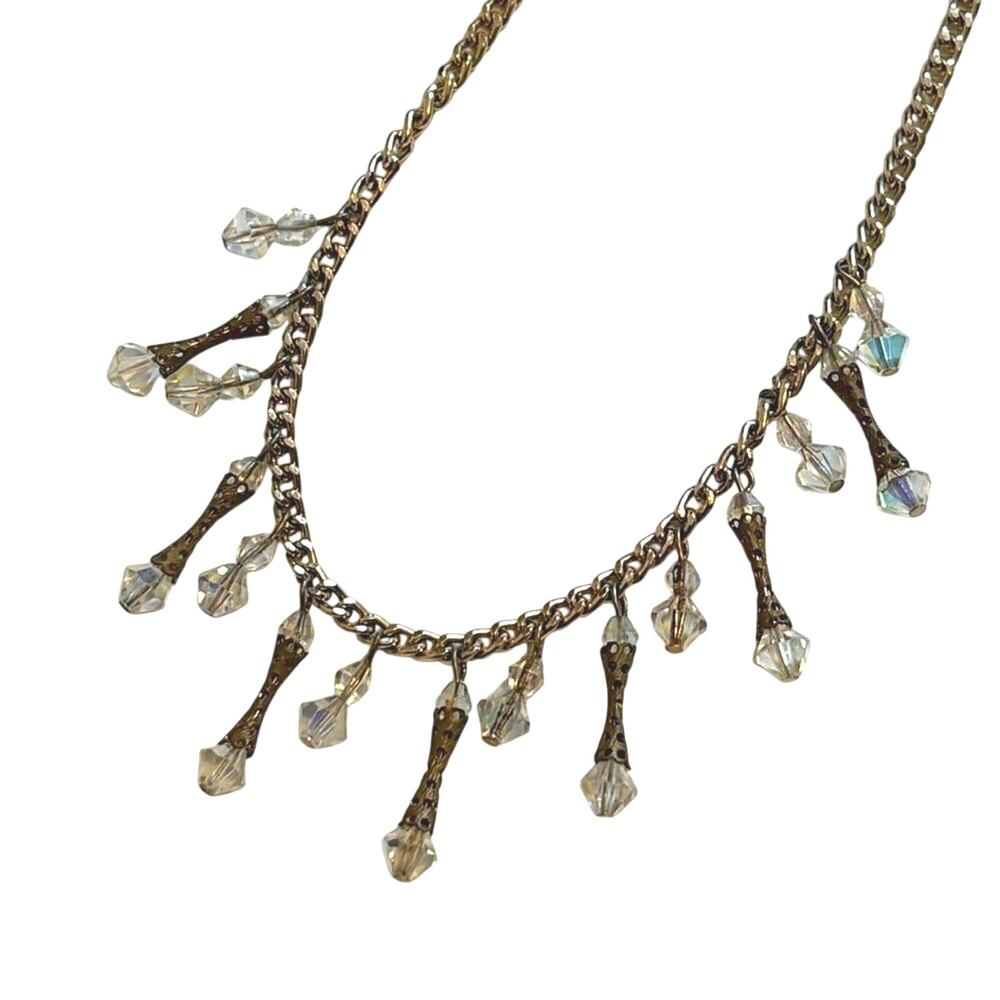 Vintage Gold Tone Crystal Fringe Necklace 16” AB Crystal Bib Statement Necklace
